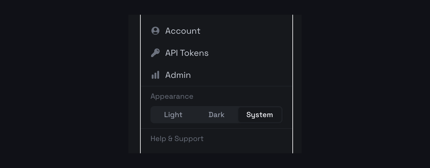 Light, Dark and System, in the account menu.